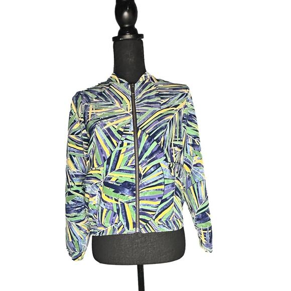 Halogen Palm Print Bomber Jacket Tropical Leaves Blue Green Yellow - Picture 1 of 7